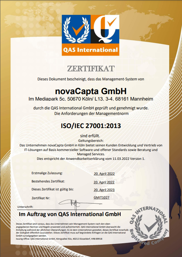 Zertifizierter-Sicherheitsstandard für die novaCapta –  ISO-27001